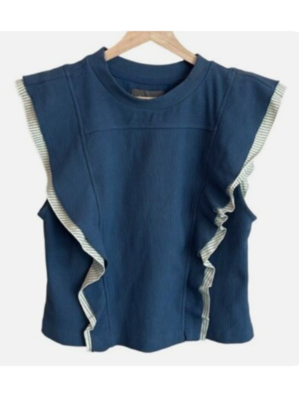 Anthropologie Mixed Media Ruffle Ribbed Striped Button Back Top Blue - Picture 2 of 5